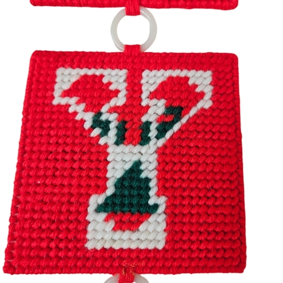 Vintage Handmade Joy Needlepoint Christmas Wall Hanging‎ Decor Sign w Tassels - Picture 5 of 8